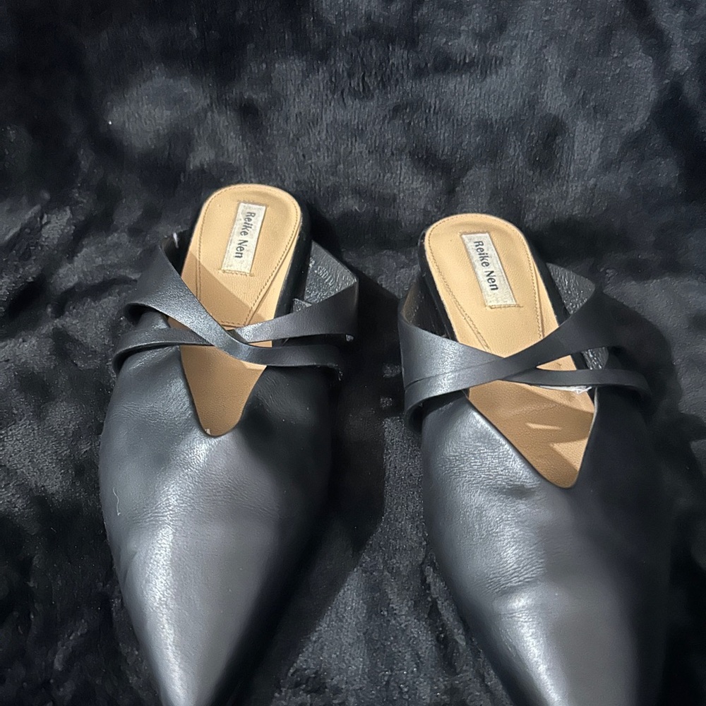 Sleek Black Pointed Slip-On Mules with Crisscross Strap